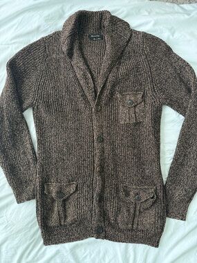 Massimo Dutti Wool & Linen Women's Brown Marled Shawl-Collar Button Cardigan | L